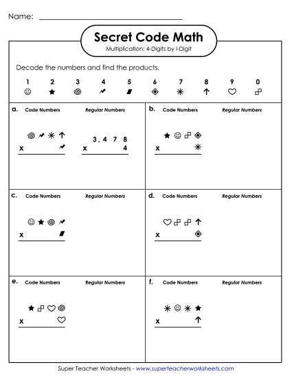 4-Digit Times 1-Digit Worksheets - Secret Code Math: 4-Digit by 1-Digit Numbers 4-Digit Times 1-Digit Worksheets - Secret Code Math: 4-Digit by 1-Digit Numbers