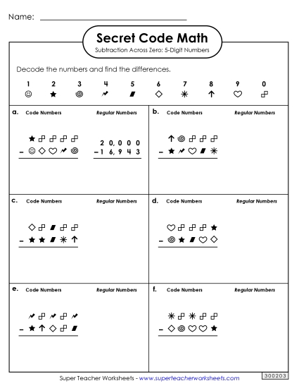 Worksheets - Secret Code Math:  5-Digit Subtraction Across Zero
