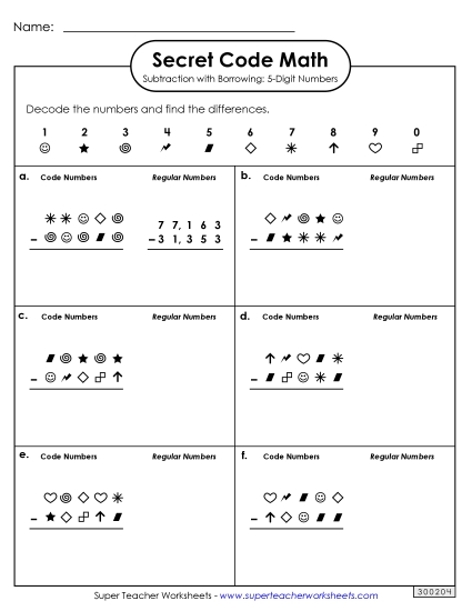 Worksheets - Secret Code Math:  5-Digit Subtraction with Borrowing