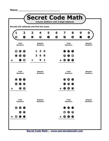 Sample Worksheet Images - Secret Code Math: Column Addition (Printable PDF Worksheet)