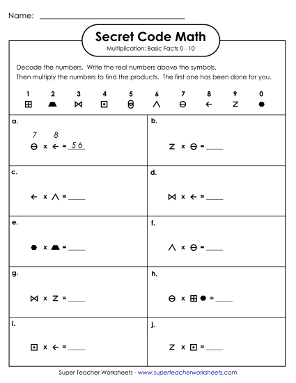 Worksheets and Games - Secret Code Math: Multiplication Basic Facts 0-10 Worksheets and Games - Secret Code Math: Multiplication Basic Facts 0-10