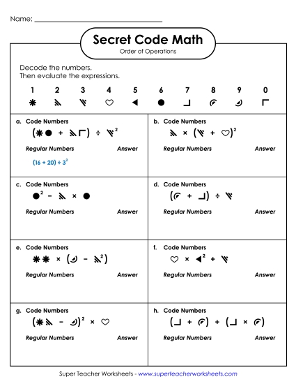 Whole Numbers Only - Secret Code Math: Order of Ops (Parentheses & Exponents)