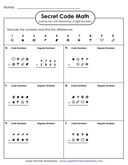 4-Digit Subtraction Worksheets - Secret Code Math: Subtraction 4-Digit Numbers 4-Digit Subtraction Worksheets - Secret Code Math: Subtraction 4-Digit Numbers