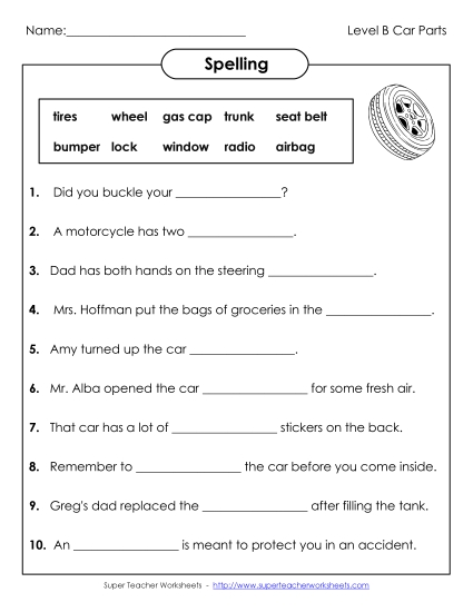 Worksheets and Activities - Sentence Completion (B-Car Parts) 