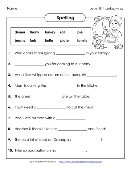 Printable Workheets - Sentence Completion (B-Thanksgiving)
