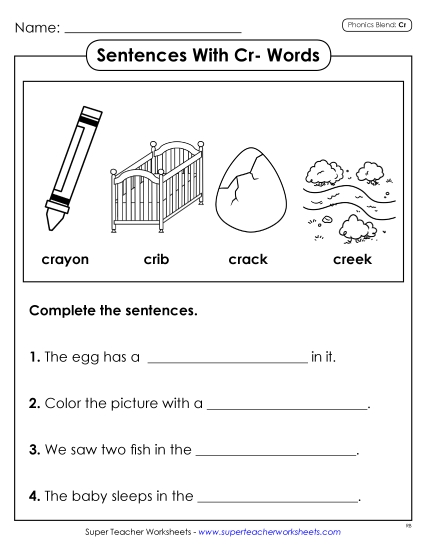Worksheets - Sentences with CR Words Worksheets - Sentences with CR Words
