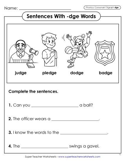 Worksheets - Sentences with -dge Words 