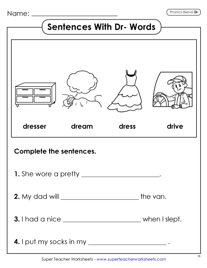 Worksheets - Sentences with DR Words