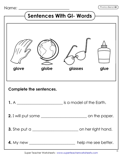 Worksheets - Sentences with GL Words Worksheets - Sentences with GL Words