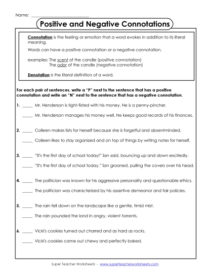 Worksheets - Sentences with Positive/Negative Connotations 