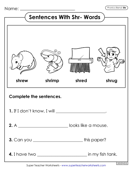 Worksheets - Sentences with Shr- Words Worksheets - Sentences with Shr- Words