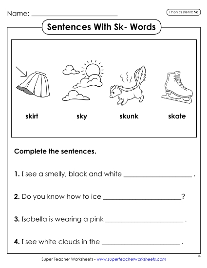 Worksheets - Sentences with SK Words Worksheets - Sentences with SK Words