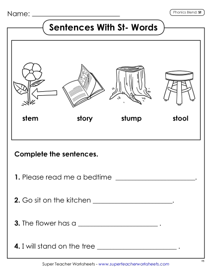 Worksheets - Sentences With ST Words