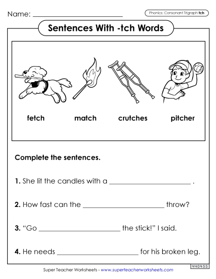 Worksheets - Sentences with -tch Words Worksheets - Sentences with -tch Words