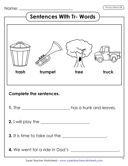 Worksheets - Sentences with TR Words