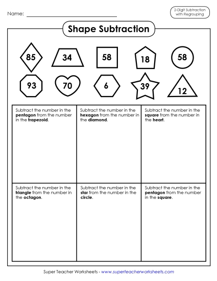 2-Digit Subtraction Worksheets - Shape Math: 2-Digit Subtraction 2-Digit Subtraction Worksheets - Shape Math: 2-Digit Subtraction