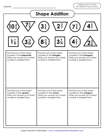 Adding Mixed Numbers: Different Denominators - Shape Math (Mixed Numbers; Unlike Denominators) Adding Mixed Numbers: Different Denominators - Shape Math (Mixed Numbers; Unlike Denominators)