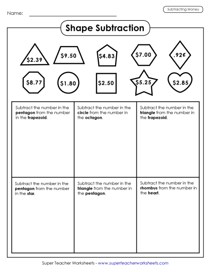 Subtracting Money Worksheets - Shape Math: Subtracting Money Subtracting Money Worksheets - Shape Math: Subtracting Money