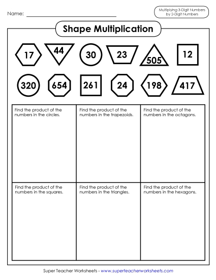 3-Digit Times 2-Digit Worksheets - Shape Multiplication (3-Digit by 2-Digit)