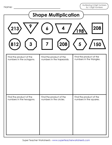 3-Digit Times 1-Digit Printables - Shape Multiplication (3-Digit Times 1-Digit Numbers)
