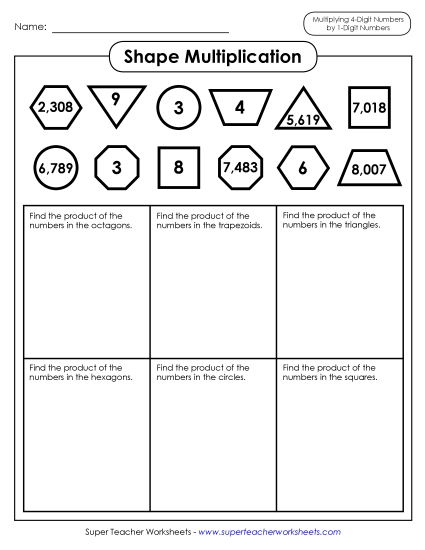 4-Digit Times 1-Digit Worksheets - Shape Multiplication (4 Digits)
