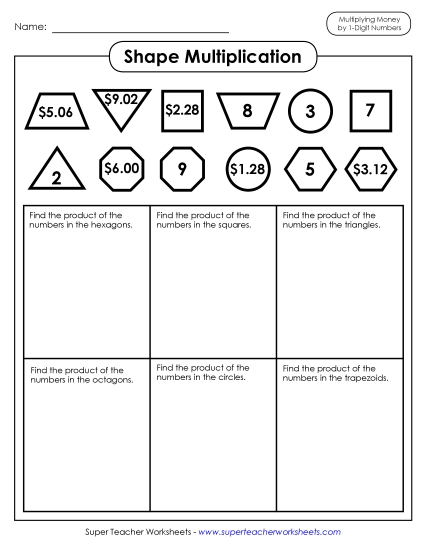 Money Times 1-Digit Worksheets - Shape Multiplication (Money Times 1-Digit Number) Money Times 1-Digit Worksheets - Shape Multiplication (Money Times 1-Digit Number)