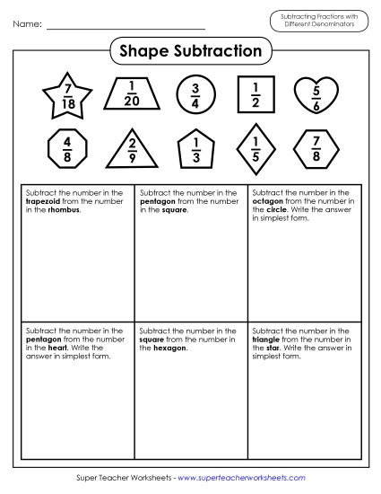Subtracting Fractions: Different Denominators - Shape Subtraction Different Denominators