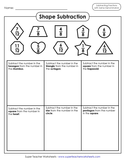 Subtracting Fractions: Same Denominator - Shape Subtraction Fractions w/ Same Denominators