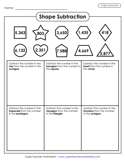 4-Digit Subtraction Worksheets - Shape Subtraction 4-Digit Subtraction Worksheets - Shape Subtraction