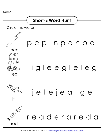 Worksheets - Short E: Horizontal Word Hunt 1 (Illustrated) Worksheets - Short E: Horizontal Word Hunt 1 (Illustrated)