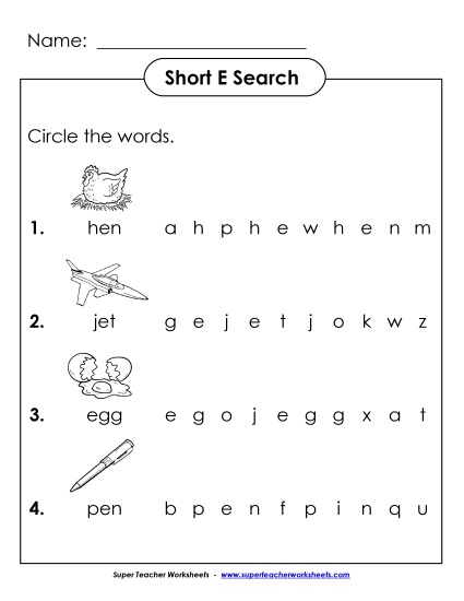 Worksheets - Short E: Horizontal Word Hunt 2 (Illustrated)