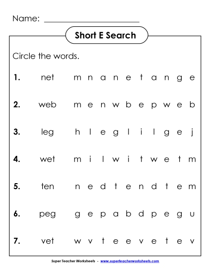 Worksheets - Short E: Horizontal Word Hunt