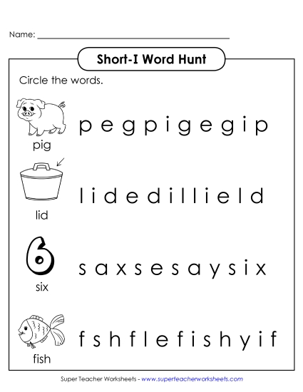 Worksheets - Short I: Horizontal Word Hunt 1 (Illustrated)