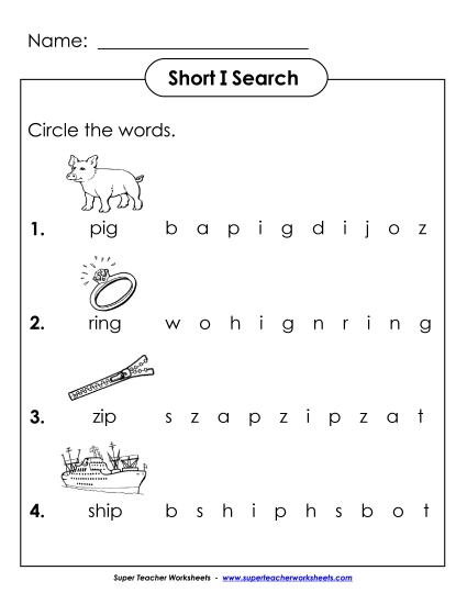 Worksheets - Short I: Horizontal Word Hunt 2 (Illustrated)