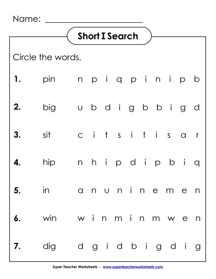 Worksheets - Short I: Horizontal Word Hunt