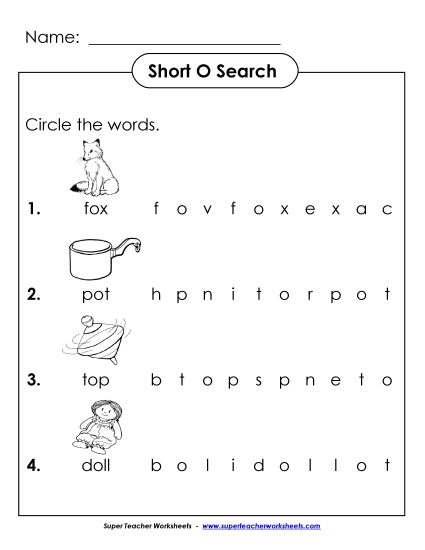 Worksheets - Short O: Horizontal Word Hunt 2 (Illustrated)
