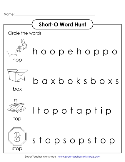 Worksheets - Short O: Horizontal Word Hunt (Illustrated) Worksheets - Short O: Horizontal Word Hunt (Illustrated)