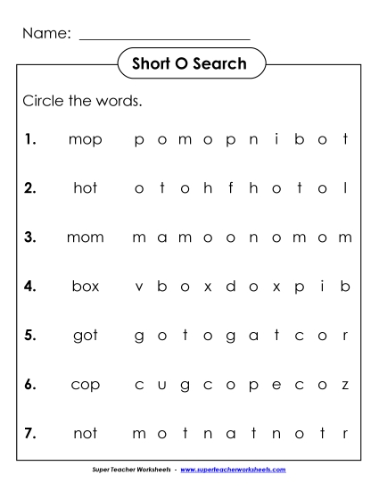 Worksheets - Short O: Horizontal Word Hunt