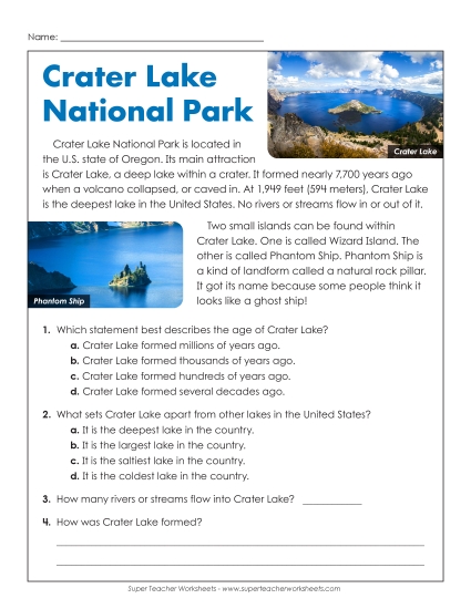 Reading Comprehension - Short Reading Comp: Crater Lake National Park