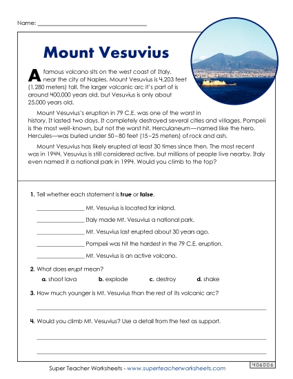 Reading Comprehension - Short Reading Comp: Mt. Vesuvius