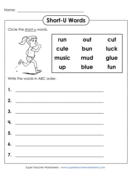 Worksheets - Short U - ABC Order Worksheets - Short U - ABC Order