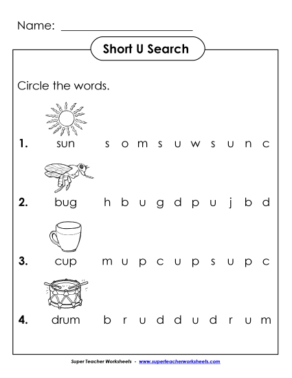 Worksheets - Short U: Horizontal Word Hunt 2 (Illustrated)