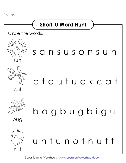Worksheets - Short U: Horizontal Word Hunt (Illustrated) Worksheets - Short U: Horizontal Word Hunt (Illustrated)