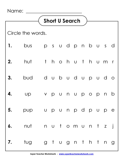 Worksheets - Short U: Horizontal Word Hunt