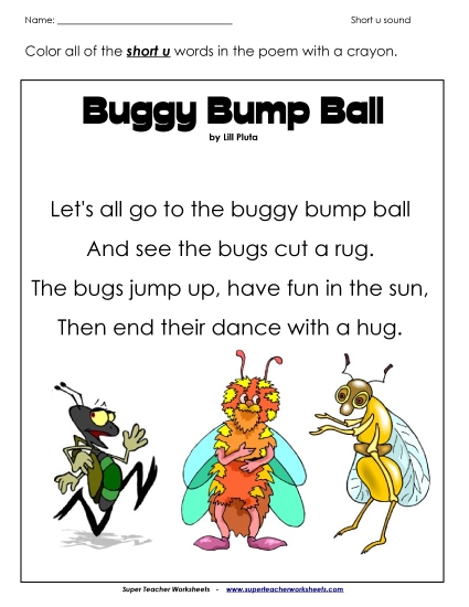 Worksheets - Short U Poem: "Buggy Bump Ball"