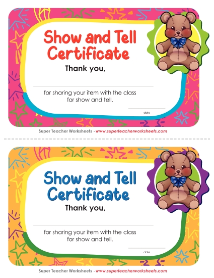 Pre-K and K Special Day Awards - Show and Tell Certificate Pre-K and K Special Day Awards - Show and Tell Certificate