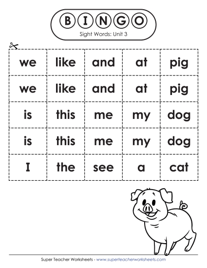 Worksheets - Sight Word Bingo (Unit 3)
