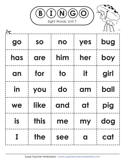 Worksheets - Sight Word Bingo (Unit 7)