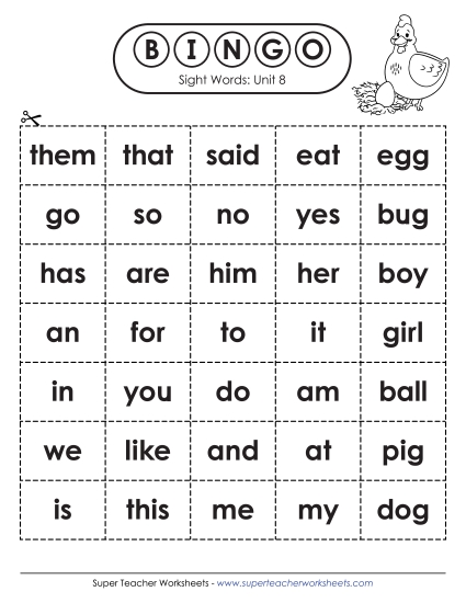 Worksheets - Sight Word Bingo (Unit 8)