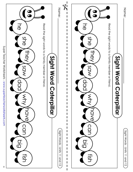 Worksheets - Sight Word Caterpillar: Units 11 and 12